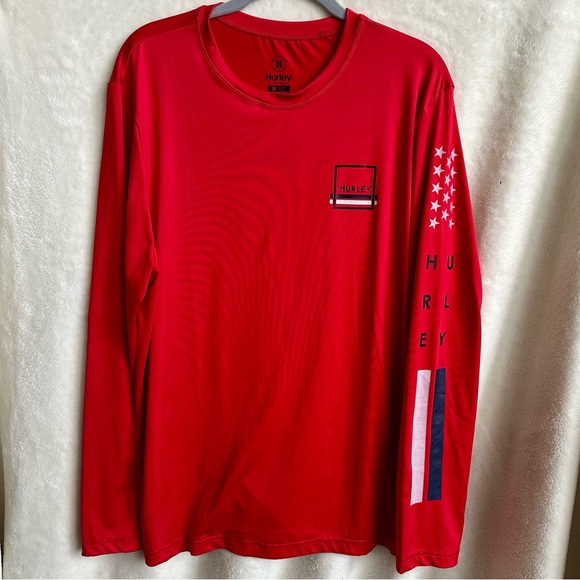 Hurley Men’s Red Long Sleeve Quick Dry Sun Shirt Rash Guard UPF Size Medium - Picture 1 of 5
